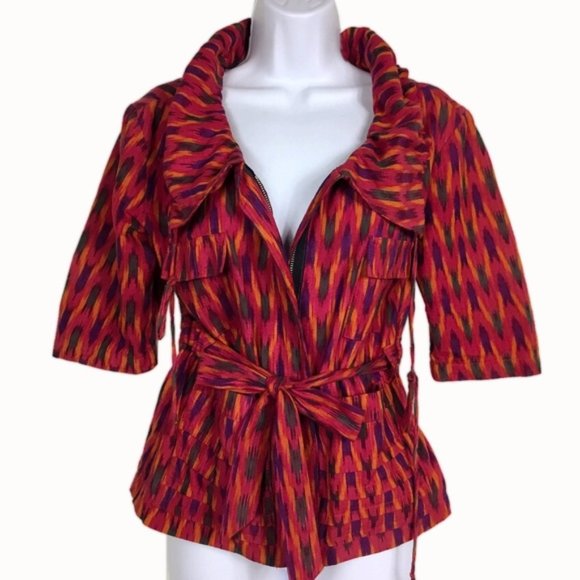 Pink Orange Ikat Print Tie Belt Jacket by Dolan - Picture 3 of 8